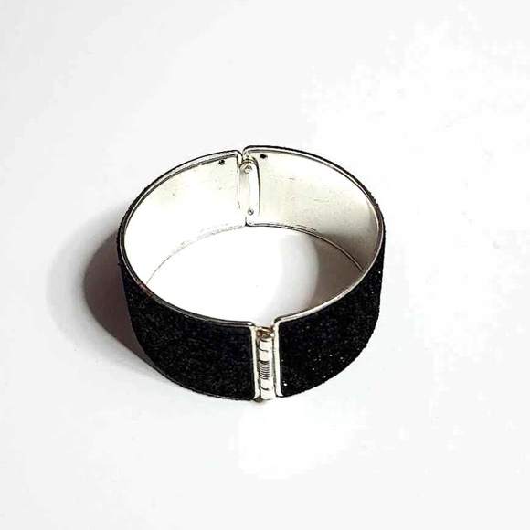 Silver Plated Jet Black Sparkle Spring Open Cuff Bracelet - Picture 7 of 10